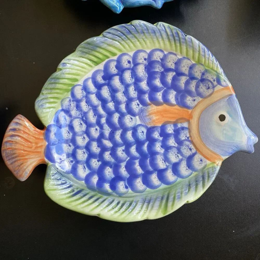 Pier 1 One Lot Of 4 Hand Painted Brightly Colored Mix & Match Fish Plates